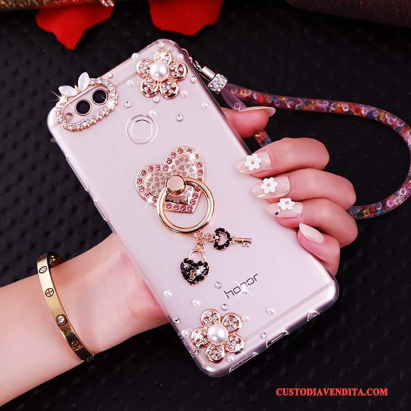 Custodia Huawei Y6 Pro 2017 Strass Ornamenti Appesitelefono, Cover Huawei Y6 Pro 2017 Silicone Rosa Anti-caduta