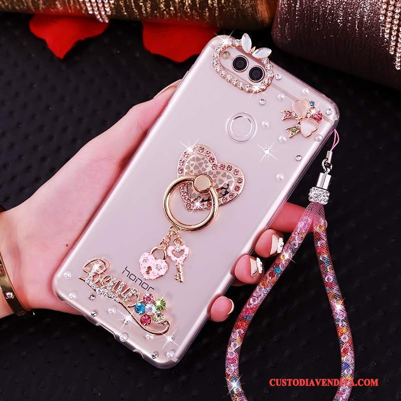 Custodia Huawei Y6 Pro 2017 Strass Ornamenti Appesitelefono, Cover Huawei Y6 Pro 2017 Silicone Rosa Anti-caduta