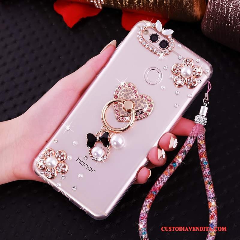 Custodia Huawei Y6 Pro 2017 Strass Ornamenti Appesitelefono, Cover Huawei Y6 Pro 2017 Silicone Rosa Anti-caduta