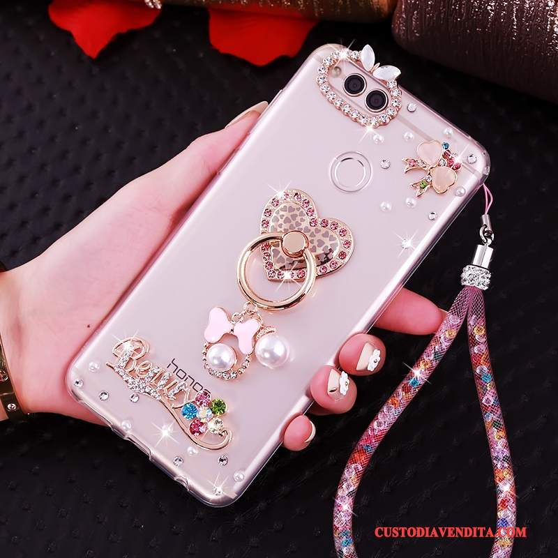 Custodia Huawei Y6 Pro 2017 Strass Ornamenti Appesitelefono, Cover Huawei Y6 Pro 2017 Silicone Rosa Anti-caduta