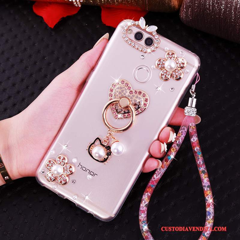 Custodia Huawei Y6 Pro 2017 Strass Ornamenti Appesitelefono, Cover Huawei Y6 Pro 2017 Silicone Rosa Anti-caduta