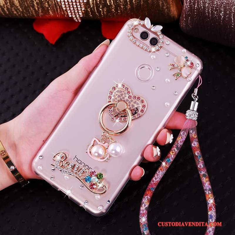 Custodia Huawei Y6 Pro 2017 Strass Ornamenti Appesitelefono, Cover Huawei Y6 Pro 2017 Silicone Rosa Anti-caduta