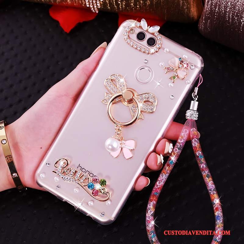 Custodia Huawei Y6 Pro 2017 Strass Ornamenti Appesitelefono, Cover Huawei Y6 Pro 2017 Silicone Rosa Anti-caduta