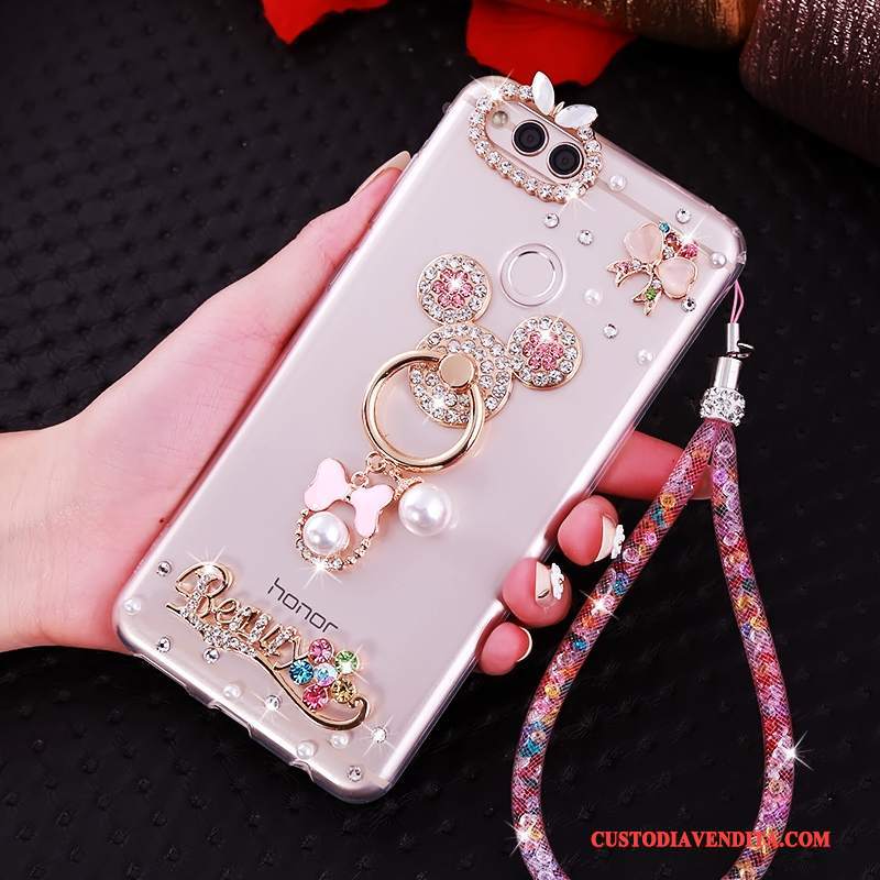 Custodia Huawei Y6 Pro 2017 Strass Ornamenti Appesitelefono, Cover Huawei Y6 Pro 2017 Silicone Rosa Anti-caduta