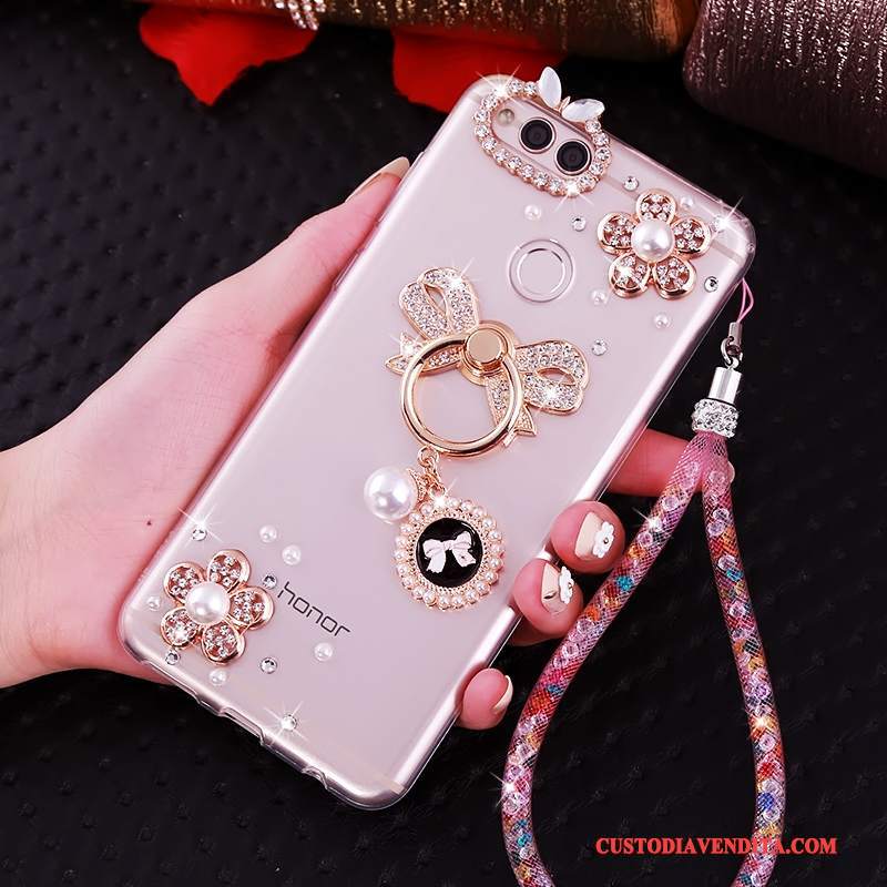 Custodia Huawei Y6 Pro 2017 Strass Ornamenti Appesitelefono, Cover Huawei Y6 Pro 2017 Silicone Rosa Anti-caduta