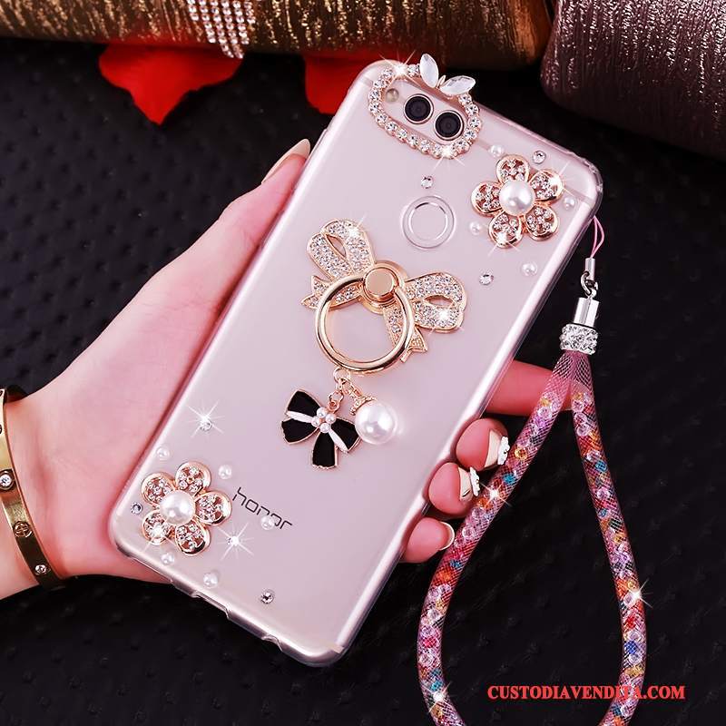 Custodia Huawei Y6 Pro 2017 Strass Ornamenti Appesitelefono, Cover Huawei Y6 Pro 2017 Silicone Rosa Anti-caduta