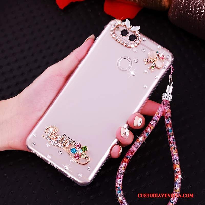 Custodia Huawei Y6 Pro 2017 Strass Ornamenti Appesitelefono, Cover Huawei Y6 Pro 2017 Silicone Rosa Anti-caduta