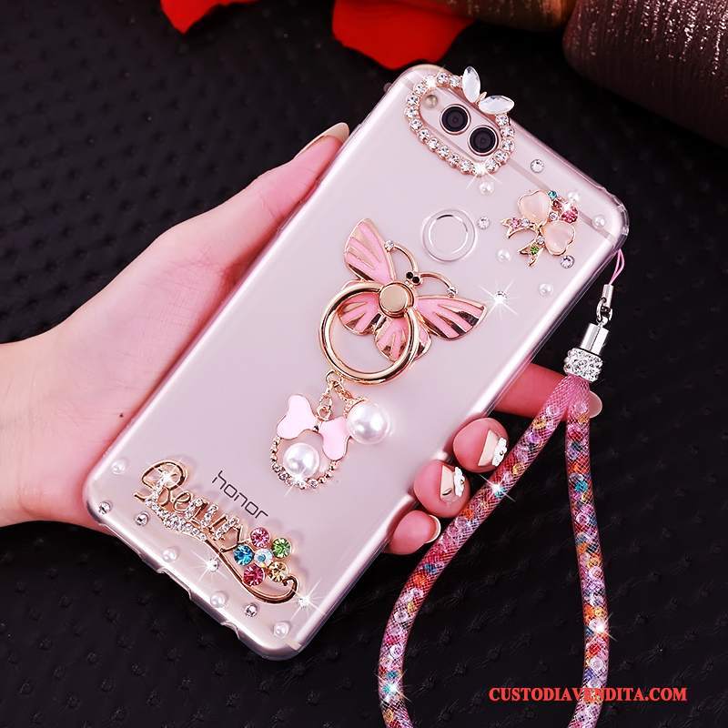 Custodia Huawei Y6 Pro 2017 Strass Ornamenti Appesitelefono, Cover Huawei Y6 Pro 2017 Silicone Rosa Anti-caduta