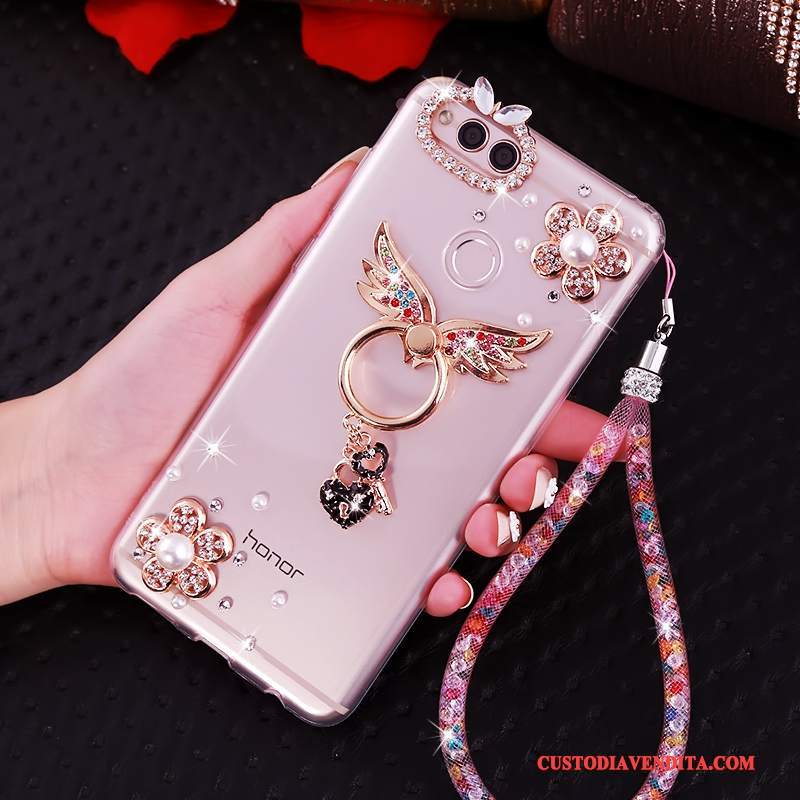 Custodia Huawei Y6 Pro 2017 Strass Ornamenti Appesitelefono, Cover Huawei Y6 Pro 2017 Silicone Rosa Anti-caduta