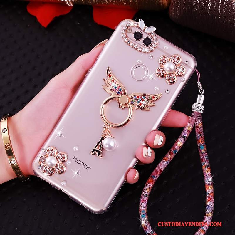 Custodia Huawei Y6 Pro 2017 Strass Ornamenti Appesitelefono, Cover Huawei Y6 Pro 2017 Silicone Rosa Anti-caduta