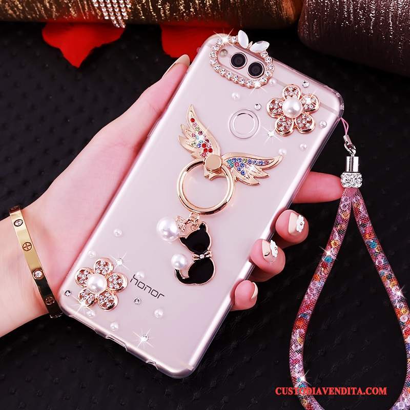 Custodia Huawei Y6 Pro 2017 Strass Ornamenti Appesitelefono, Cover Huawei Y6 Pro 2017 Silicone Rosa Anti-caduta