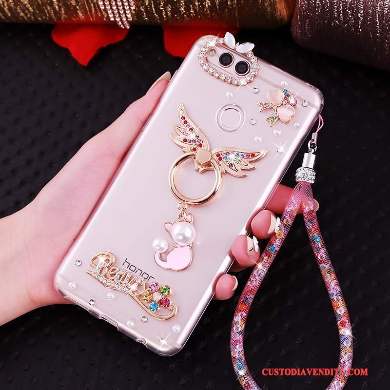 Custodia Huawei Y6 Pro 2017 Strass Ornamenti Appesitelefono, Cover Huawei Y6 Pro 2017 Silicone Rosa Anti-caduta