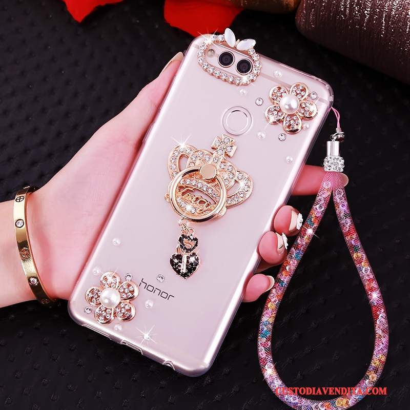 Custodia Huawei Y6 Pro 2017 Strass Ornamenti Appesitelefono, Cover Huawei Y6 Pro 2017 Silicone Rosa Anti-caduta