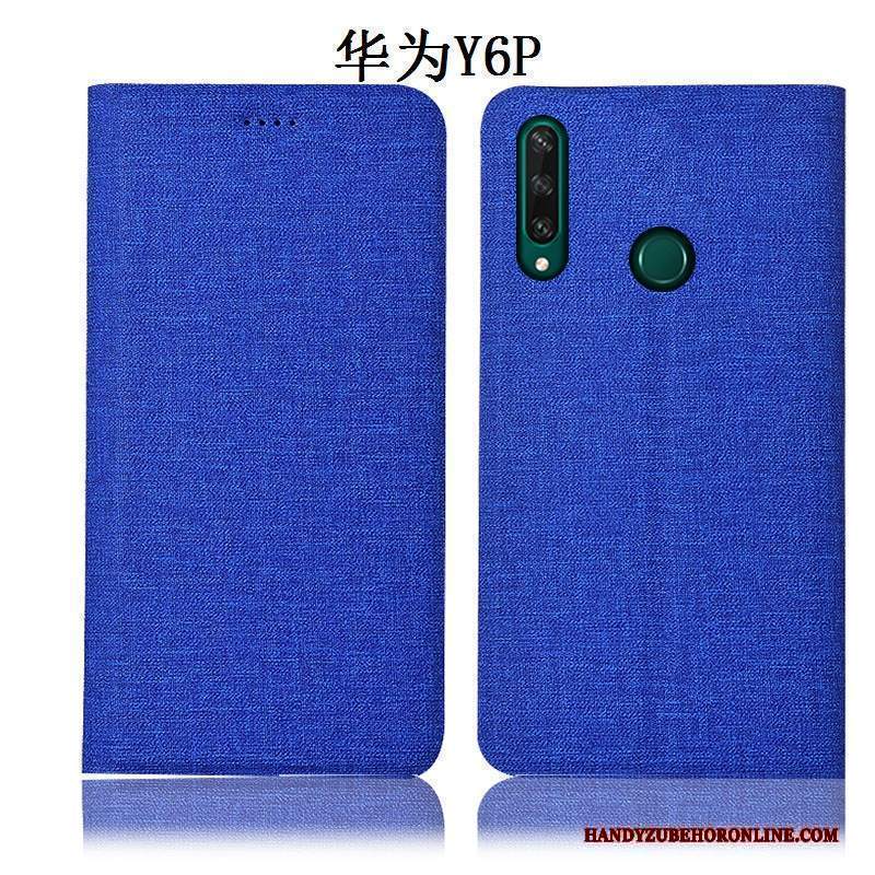 Custodia Huawei Y6p Folio Anti-caduta Blu, Cover Huawei Y6p Pelle Cotone E Linotelefono