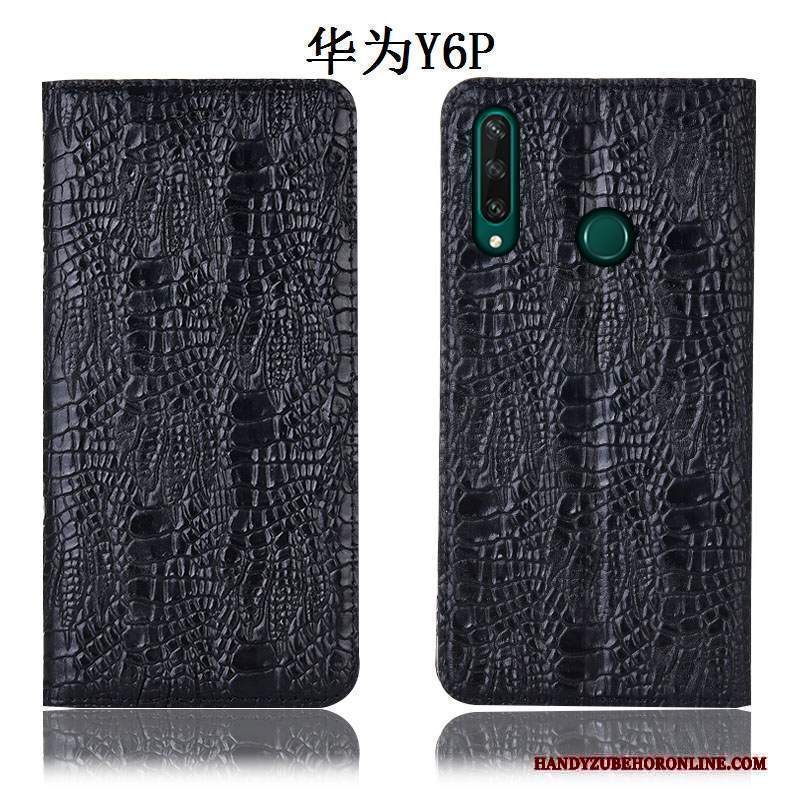 Custodia Huawei Y6p Folio Telefono Modello, Cover Huawei Y6p Pelle Nero Modello Coccodrillo