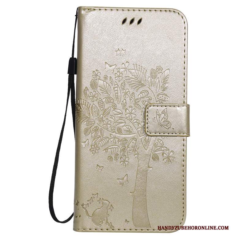 Custodia Huawei Y7 2019 Pelle Telefono Albero, Cover Huawei Y7 2019 Protezione Tutto Incluso Oro