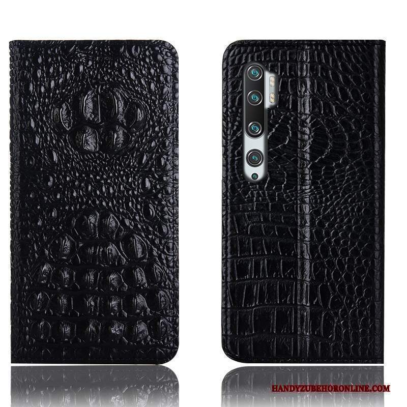 Custodia Mi Note 10 Pelle Modello Coccodrillo Piccola, Cover Mi Note 10 Folio Telefono Nero