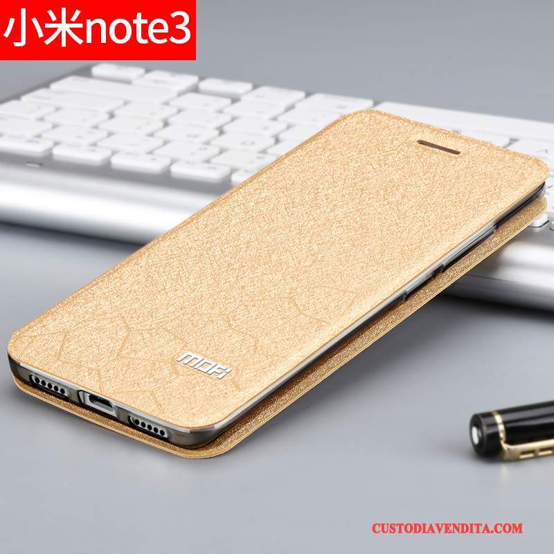 Custodia Mi Note 3 Pelle Tutto Incluso Oro, Cover Mi Note 3 Protezione Piccolatelefono