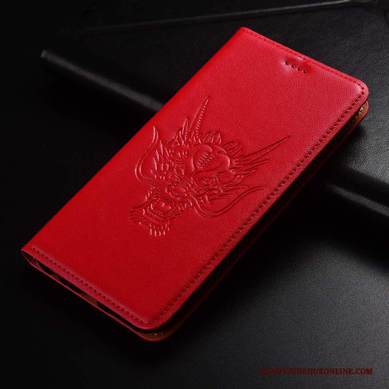 Custodia Moto G7 Pelle Modello Drago, Cover Moto G7 Telefono Rosso