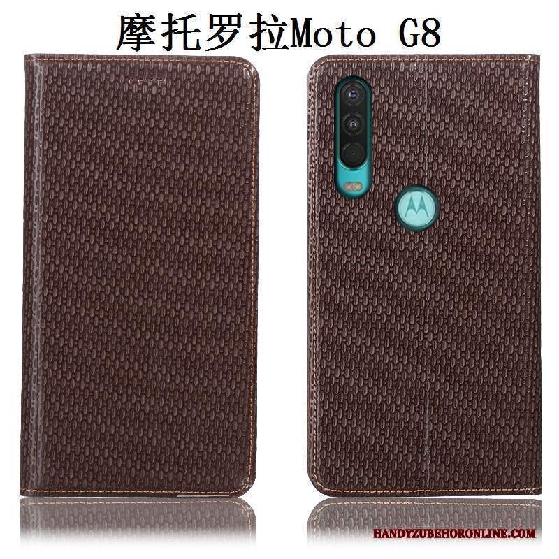 Custodia Moto G8 Pelle Tutto Incluso Marrone, Cover Moto G8 Protezione Telefono