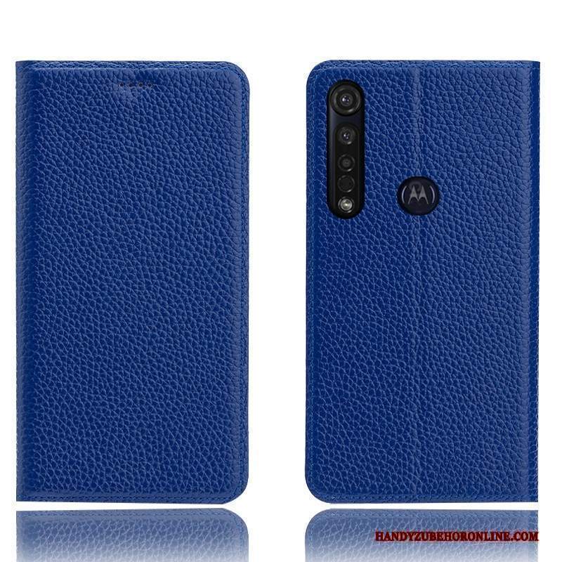 Custodia Moto G8 Plus Pelle Blutelefono, Cover Moto G8 Plus Folio Modello Litchi