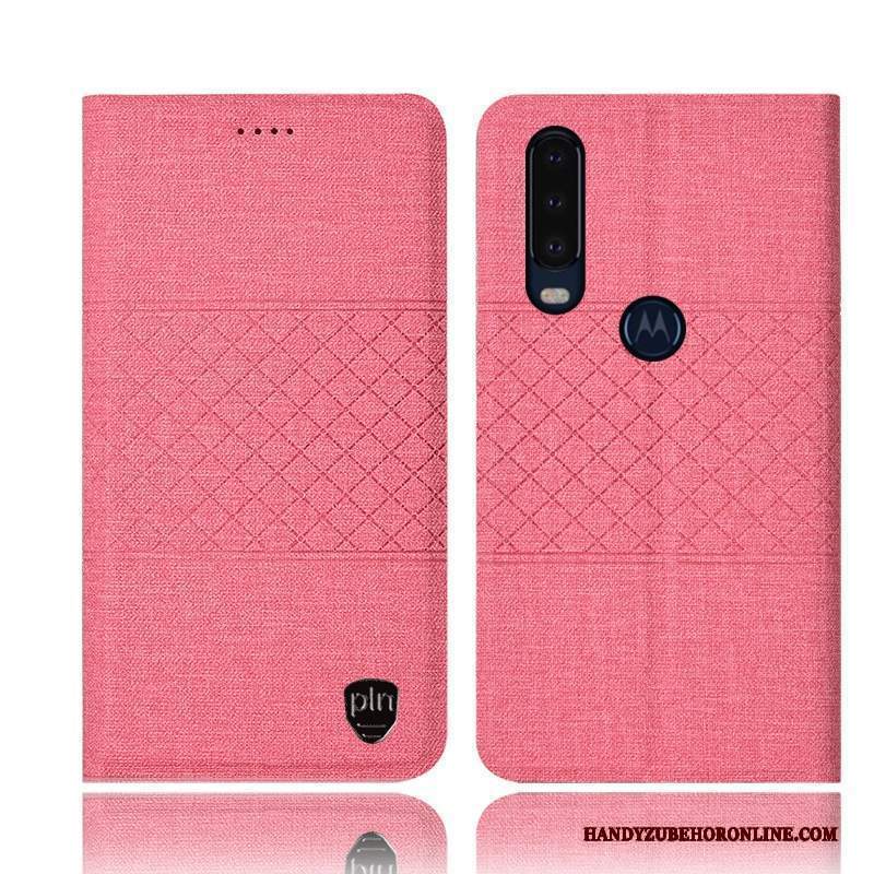 Custodia Motorola One Action Protezione Cotone E Lino Rosa, Cover Motorola One Action Pelle Telefono Anti-caduta