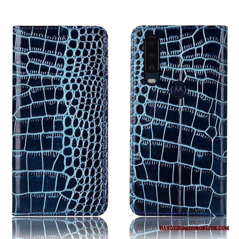 Custodia Motorola One Action Protezione Modello Coccodrillo Blu, Cover Motorola One Action Pelle Anti-cadutatelefono