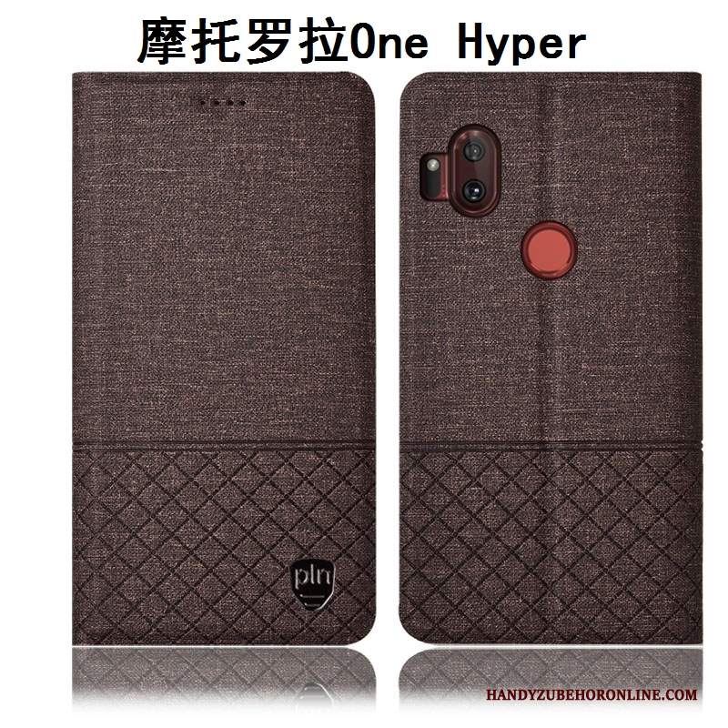 Custodia Motorola One Hyper Pelle Grigio Cotone E Lino, Cover Motorola One Hyper Folio Anti-cadutatelefono