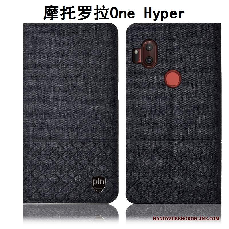 Custodia Motorola One Hyper Pelle Grigio Cotone E Lino, Cover Motorola One Hyper Folio Anti-cadutatelefono