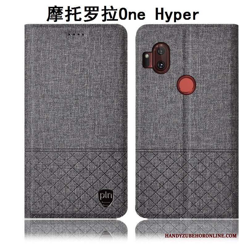 Custodia Motorola One Hyper Pelle Grigio Cotone E Lino, Cover Motorola One Hyper Folio Anti-cadutatelefono