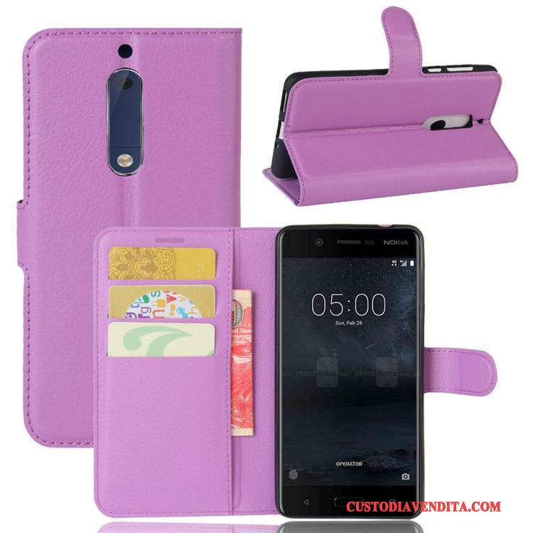 Custodia Nokia 5 Pelle Litchi Modello, Cover Nokia 5 Protezione Carta Porpora