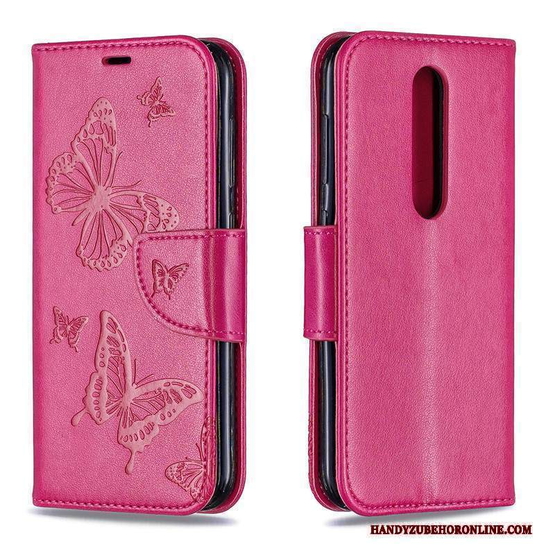 Custodia Nokia 6.2 Goffratura Farfalla Rosso, Cover Nokia 6.2 Folio Goffratura Ornamenti Appesi