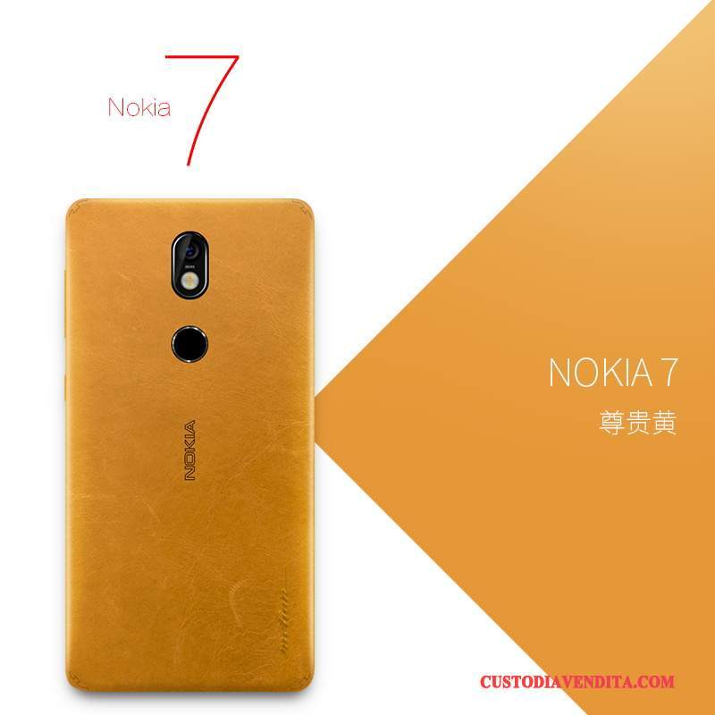 Custodia Nokia 7 Pelle Lusso Sottile, Cover Nokia 7 Protezione Arancione Tutto Incluso