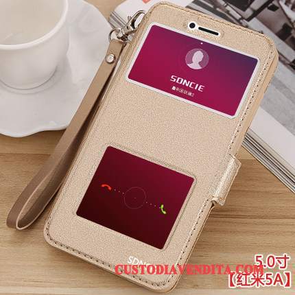 Custodia Redmi 5a Folio Morbidotelefono, Cover Redmi 5a Pelle Oro Rosso