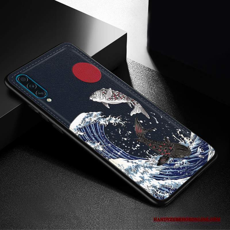 Custodia Samsung Galaxy A30s Goffratura Blu Sottile, Cover Samsung Galaxy A30s Pelle Di Personalità Anti-caduta