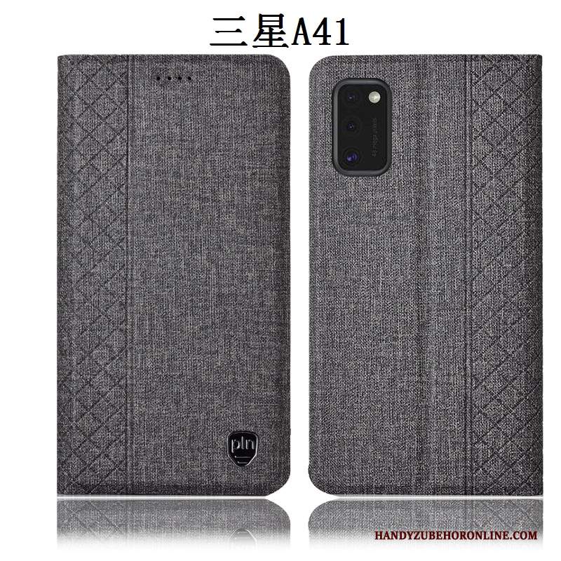 Custodia Samsung Galaxy A41 Pelle Telefono Anti-caduta, Cover Samsung Galaxy A41 Folio Grigio Cotone E Lino