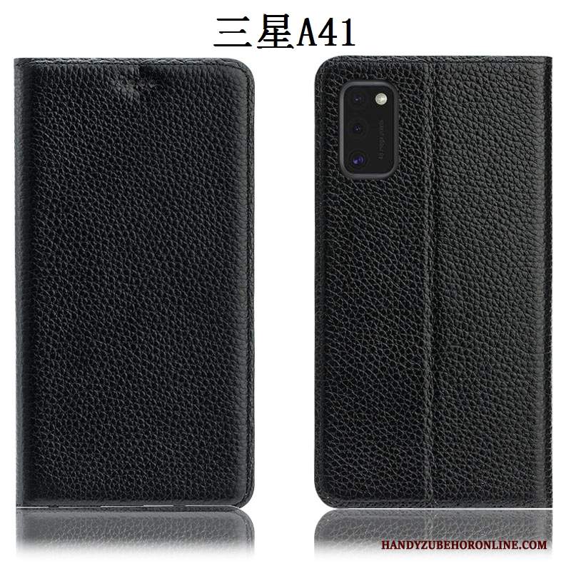 Custodia Samsung Galaxy A41 Protezione Nero Tutto Incluso, Cover Samsung Galaxy A41 Pelle Litchi Anti-caduta