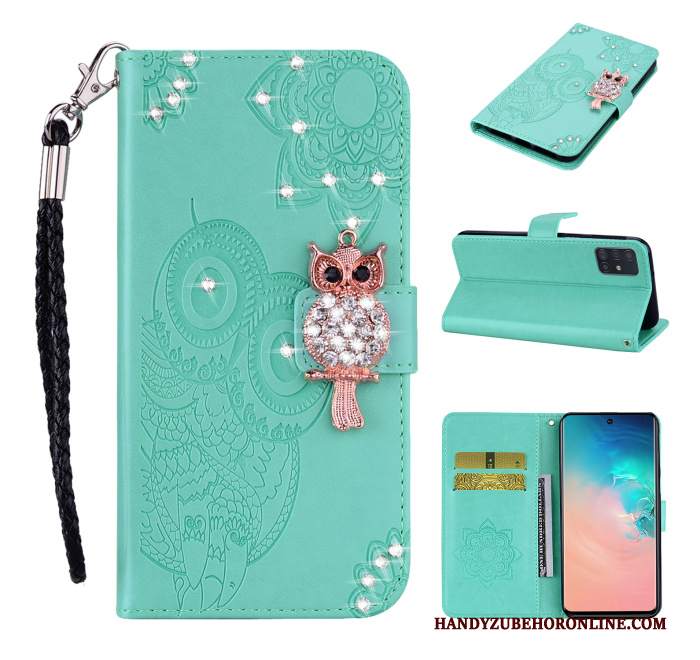 Custodia Samsung Galaxy A51 Strass Verde Carta, Cover Samsung Galaxy A51 Pelle Gattinotelefono