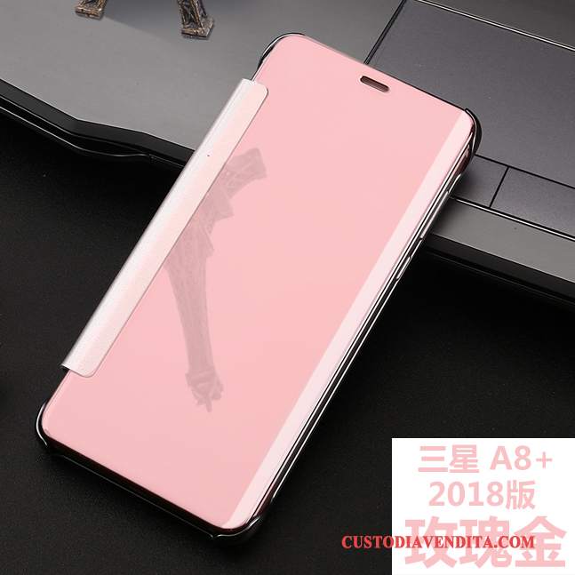 Custodia Samsung Galaxy A8+ Pelle Placcatura Anti-caduta, Cover Samsung Galaxy A8+ Folio Rosa Specchio