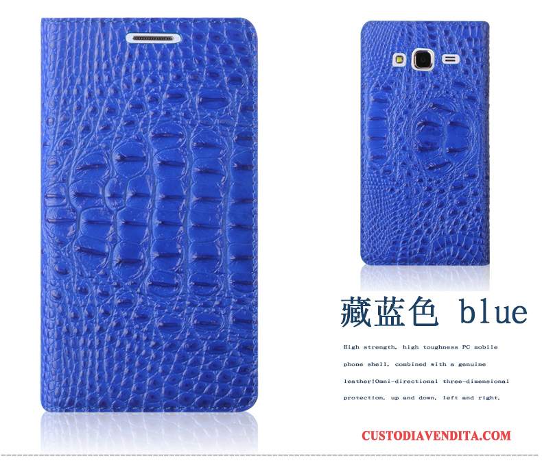 Custodia Samsung Galaxy J3 2015 Pelle Blu Modello Coccodrillo, Cover Samsung Galaxy J3 2015 Protezione Telefono