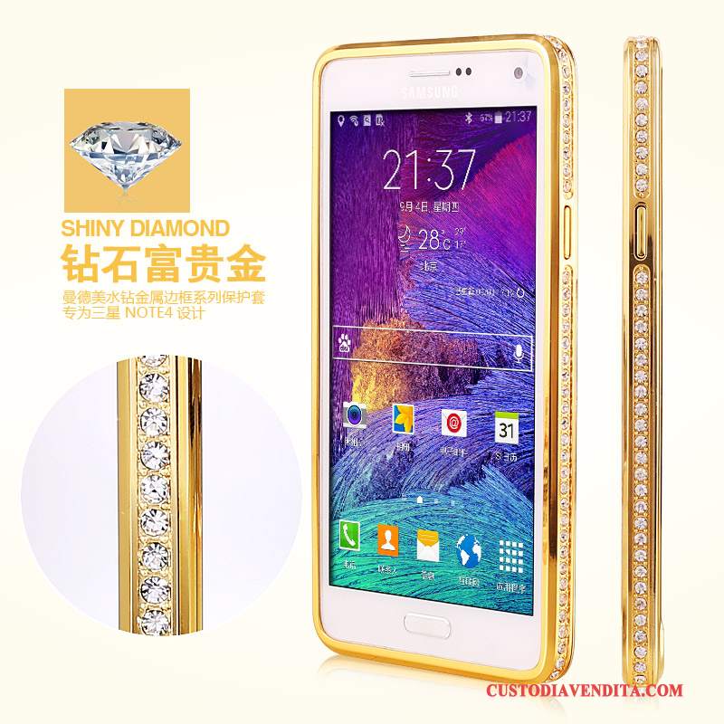 Custodia Samsung Galaxy Note 4 Strass Metallo Telaio, Cover Samsung Galaxy Note 4 Protezione Oro Anti-caduta