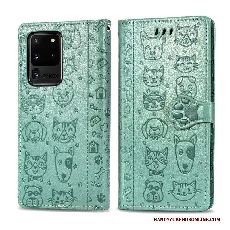 Custodia Samsung Galaxy S20 Ultra Goffratura Goffratura Gattino, Cover Samsung Galaxy S20 Ultra Folio Cane Verde