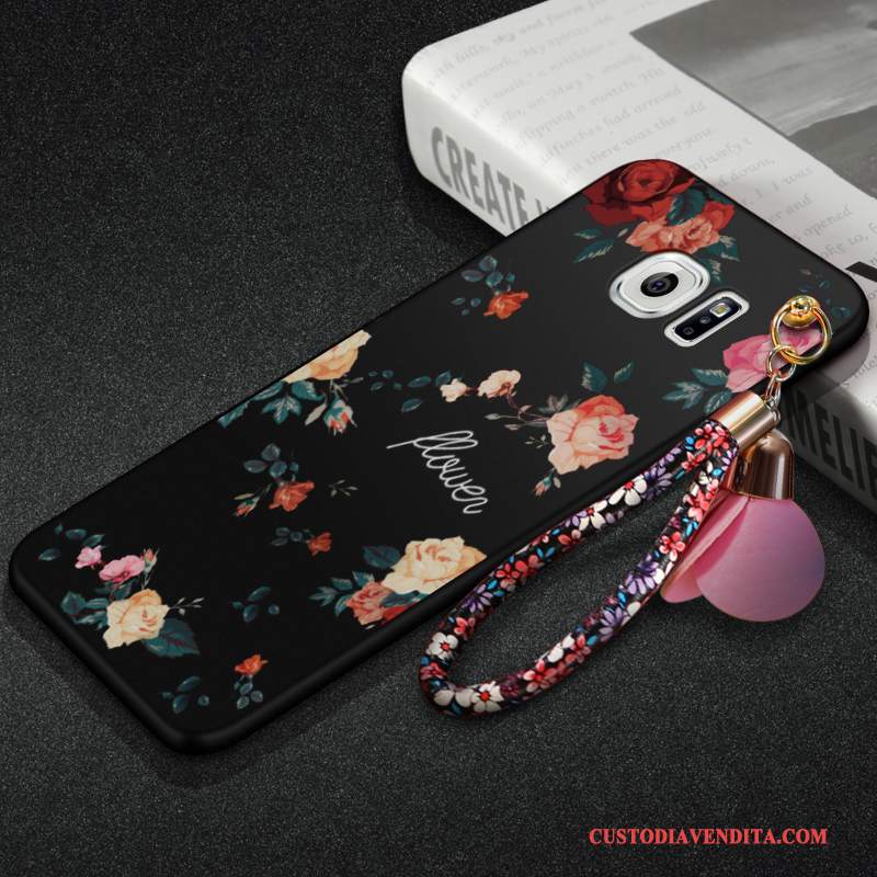 Custodia Samsung Galaxy S6 Edge + Fiori Nero Macchiati, Cover Samsung Galaxy S6 Edge + Protezione Ornamenti Appesitelefono