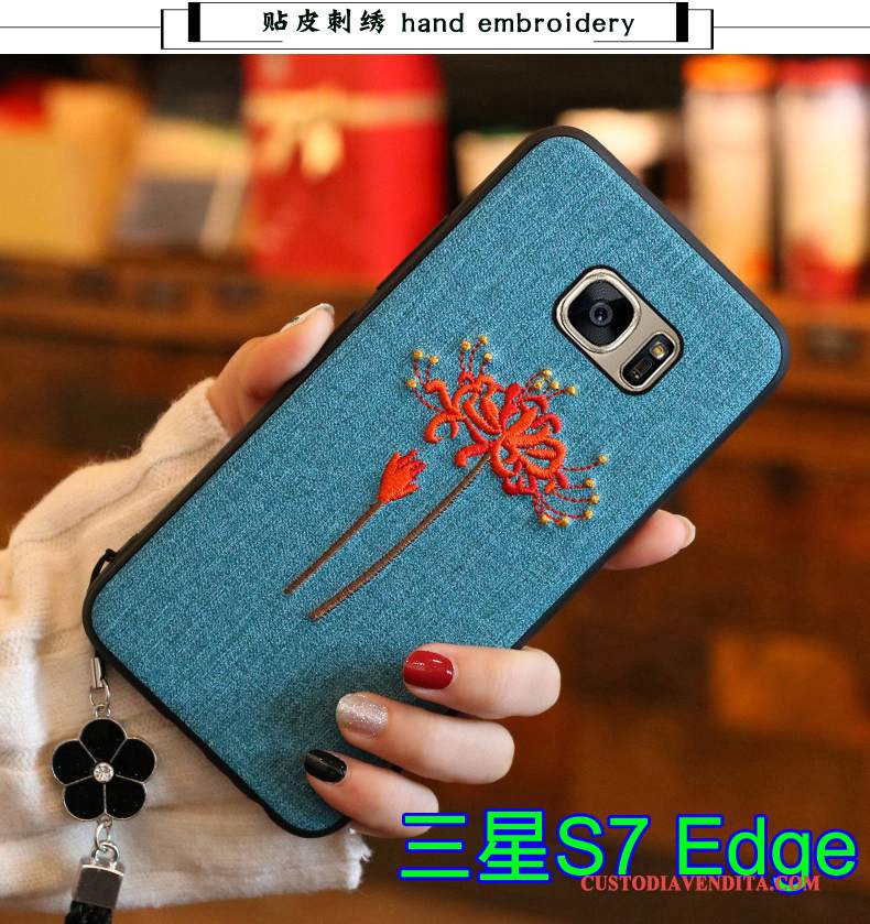 Custodia Samsung Galaxy S7 Edge Silicone Ricamo Blu, Cover Samsung Galaxy S7 Edge Protezione Morbido Tutto Incluso