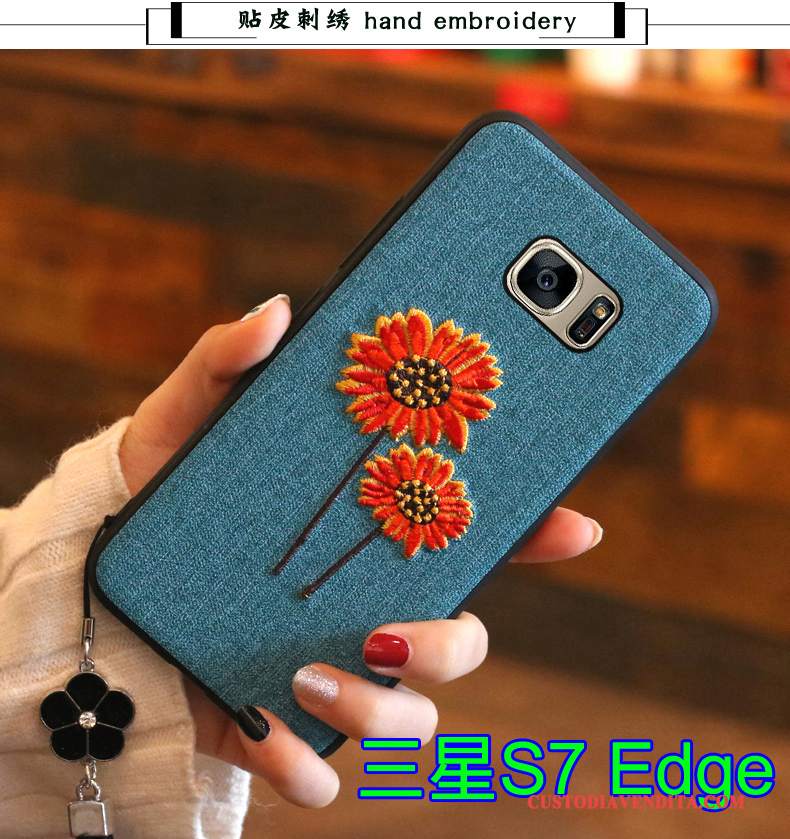 Custodia Samsung Galaxy S7 Edge Silicone Ricamo Blu, Cover Samsung Galaxy S7 Edge Protezione Morbido Tutto Incluso