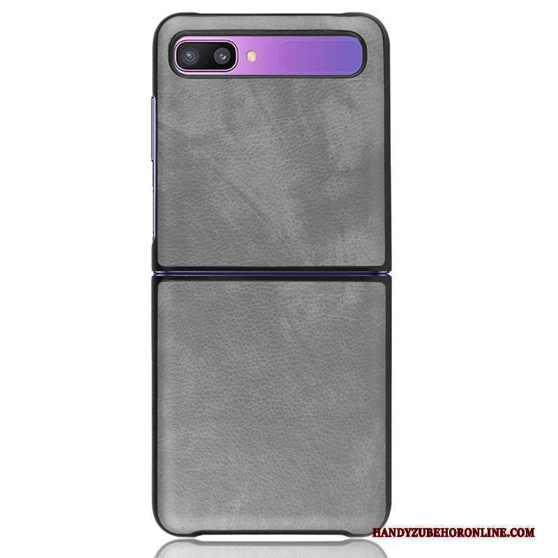 Custodia Samsung Z Flip Pelle Grigio Semplici, Cover Samsung Z Flip Moda Affari Litchi