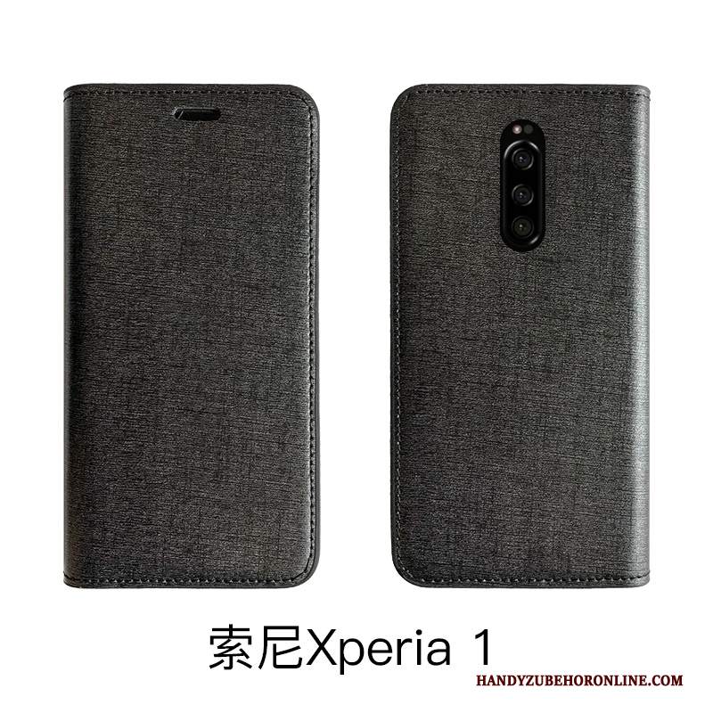 Custodia Sony Xperia 1 Pelle Mucca Anti-caduta, Cover Sony Xperia 1 Folio Lusso Grigio