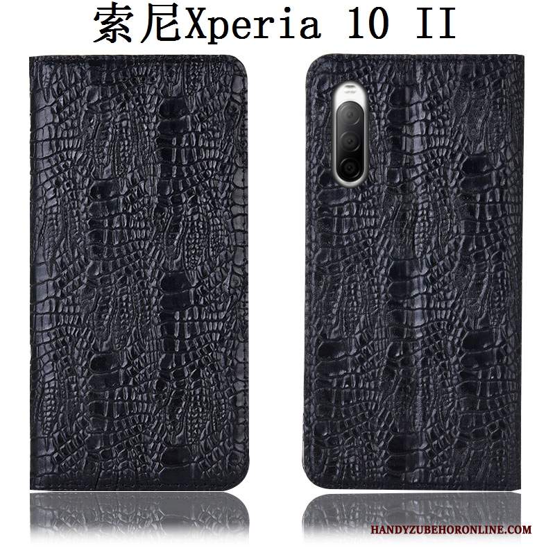 Custodia Sony Xperia 10 Ii Pelle Nero Modello Coccodrillo, Cover Sony Xperia 10 Ii Folio Telefono Anti-caduta