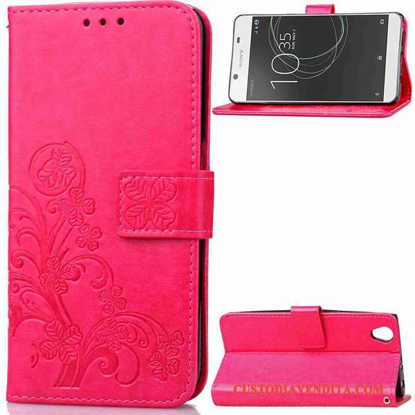 Custodia Sony Xperia L1 Pelle Morbido Anti-caduta, Cover Sony Xperia L1 Folio Rosso Ornamenti Appesi