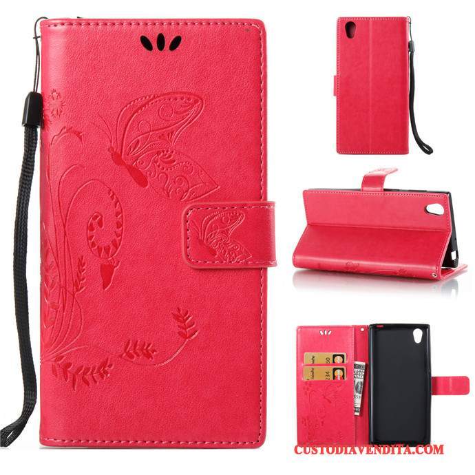 Custodia Sony Xperia L1 Pelle Morbidotelefono, Cover Sony Xperia L1 Folio Rosso Ornamenti Appesi